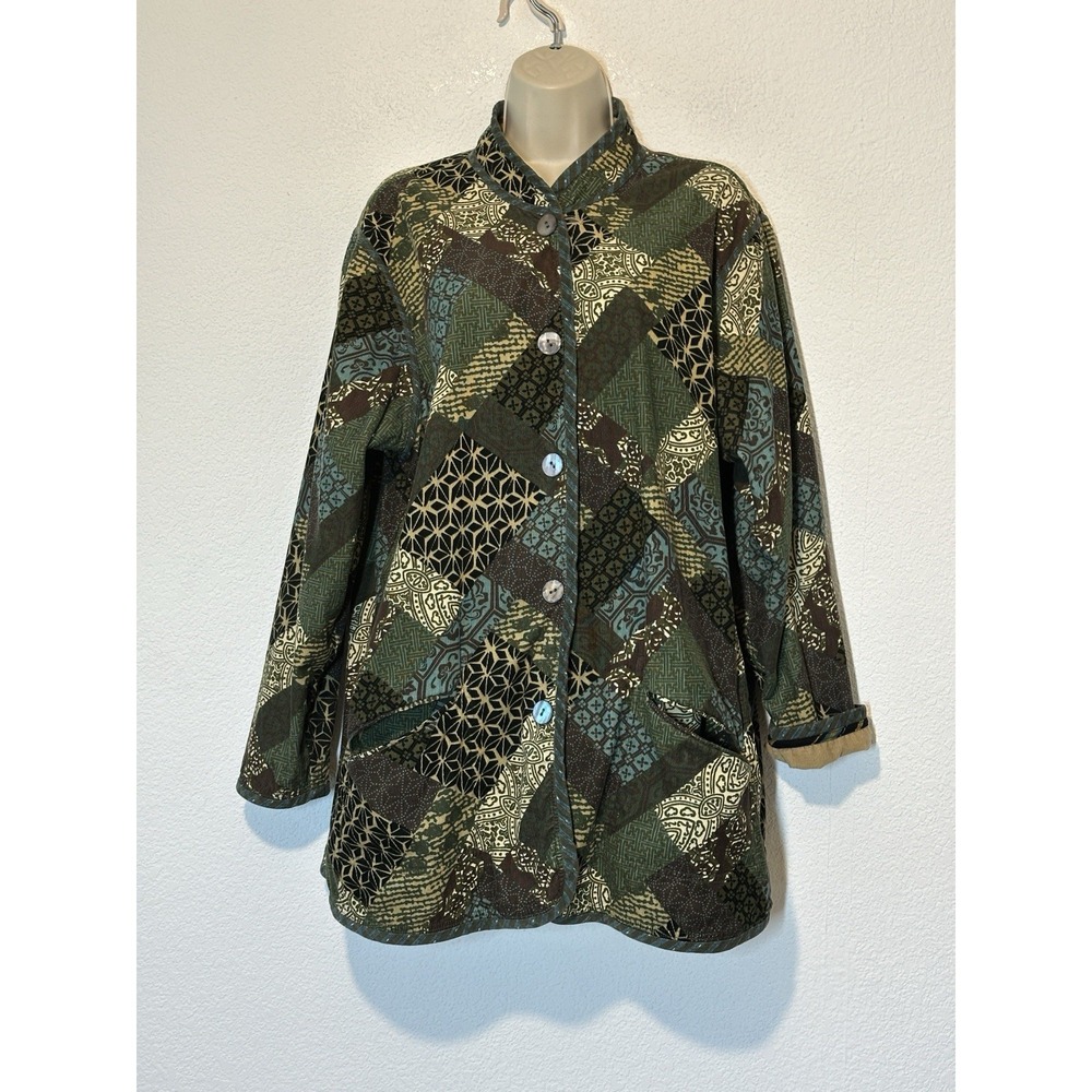 Koos Of Course! Womens 1x Reversible Jacket TanCorduroy Pockets Aqua/Brown Artsy